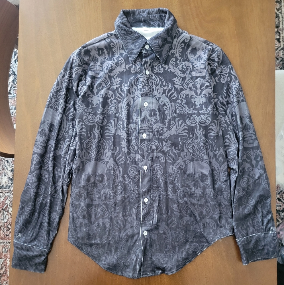 Punkoutfit Men's Retro Dark Style Grey Skull Print Long Sleeve Shirt Small